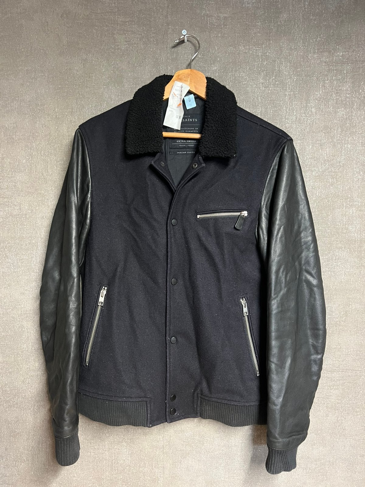 AllSaints Biwa bomberjas wol en leather, Ophalen of Verzenden, Zo goed als nieuw, Maat 46 (S) of kleiner, Zwart