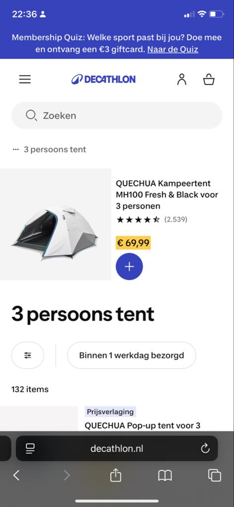 Quechua Fresh & Black tenten te huur (2- en 3-persoons), Caravans en Kamperen, Tenten, tot en met 3, Zo goed als nieuw, Ophalen