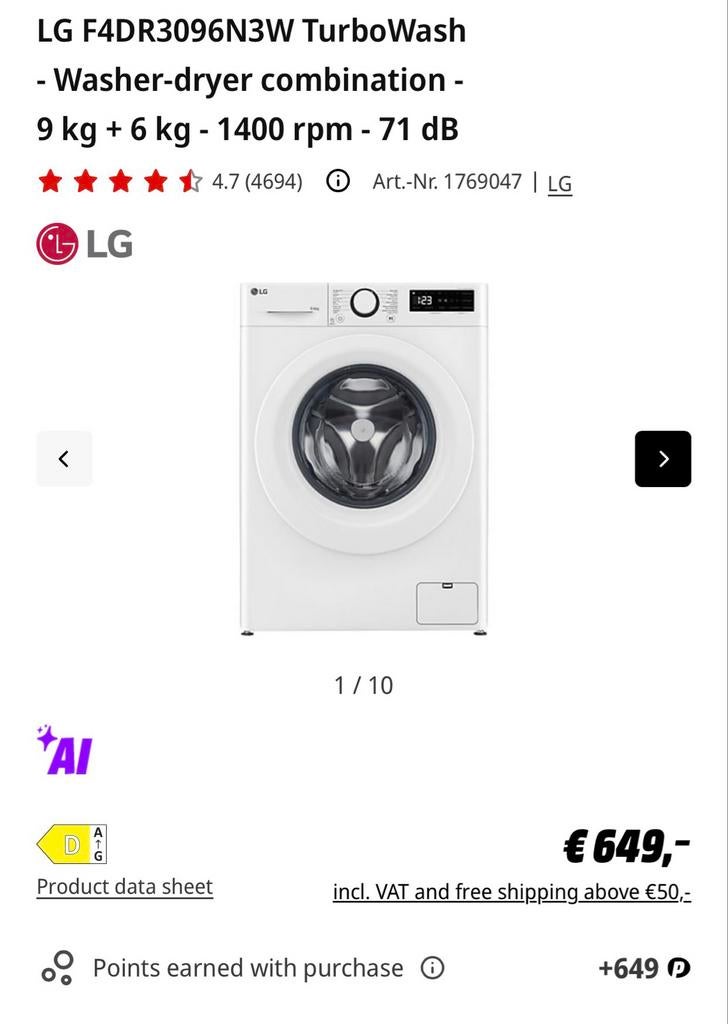 LG F4DR3096N3W TurboWash Was-droogcombinatie - Nieuw, Ophalen, 1200 tot 1600 toeren, 8 tot 10 kg, Zo goed als nieuw