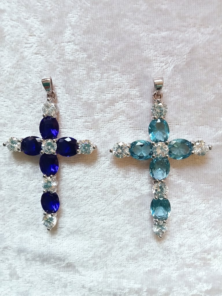 2 Mooie Grote Zilveren Kruisjes met Bergkristal en Blauw, Sieraden, Tassen en Uiterlijk, Antieke sieraden, Verzenden, Zilver, Hanger