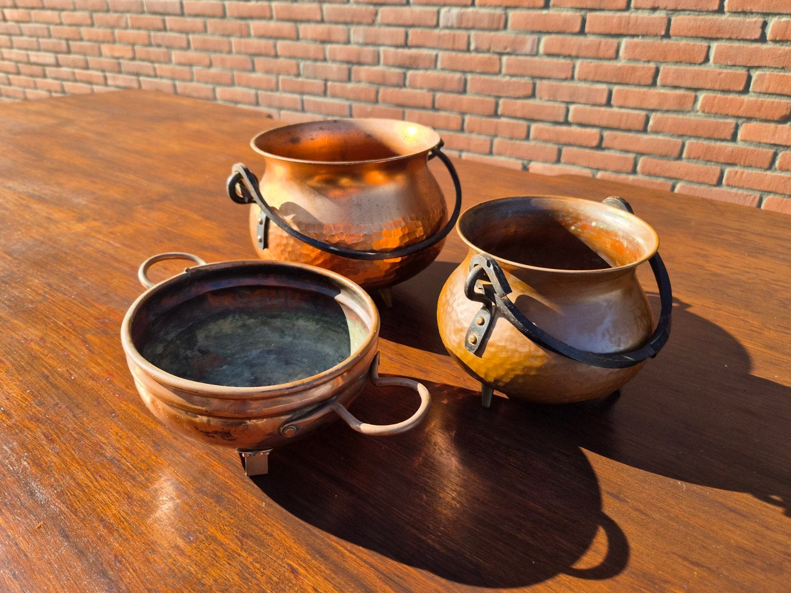 Set van 3 oude koperen ketels / potten met ijzeren hengsels, Ophalen of Verzenden