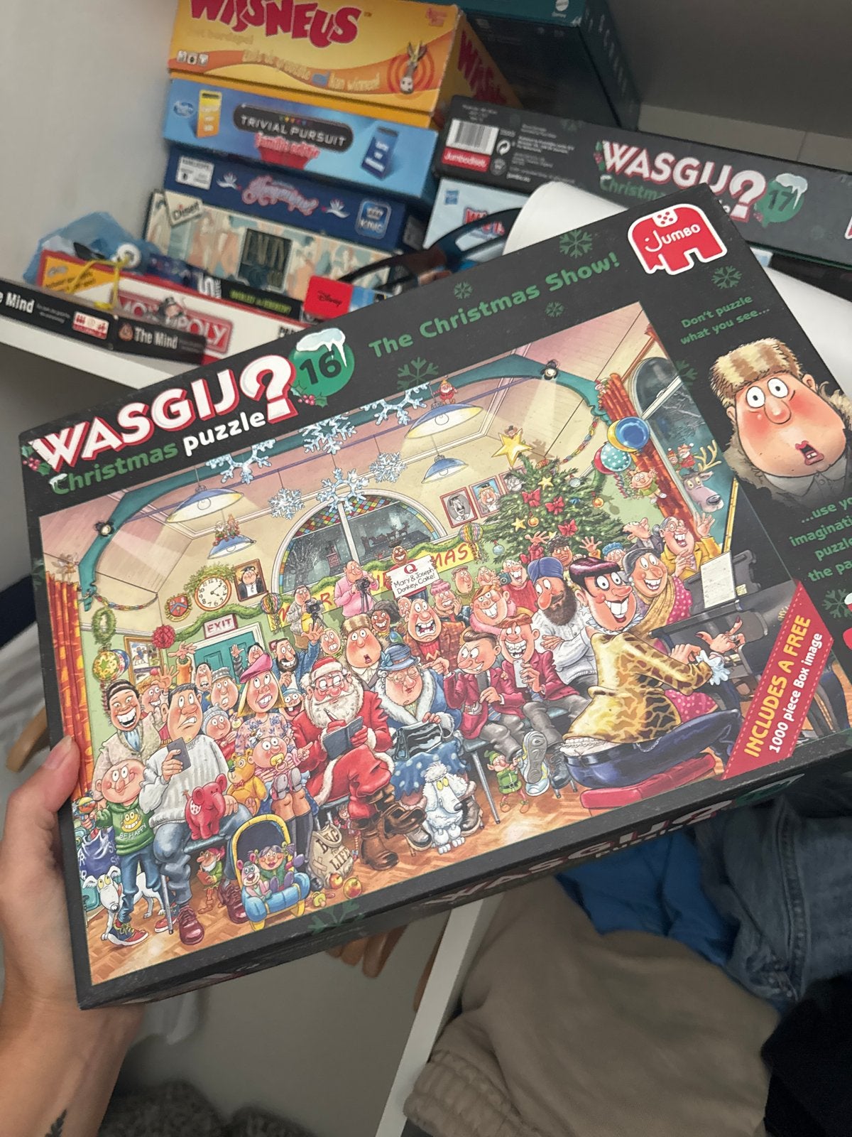 Wasgij Christmas Puzzel 1000 Stukjes - The Christmas Show!, Hobby en Vrije tijd, Ophalen of Verzenden, 500 t/m 1500 stukjes, Zo goed als nieuw