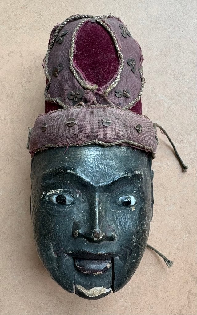 Antiek hoofdje van een marionet, Myanmar, Hout, Handgemaakt, 17 cm, Ophalen of Verzenden