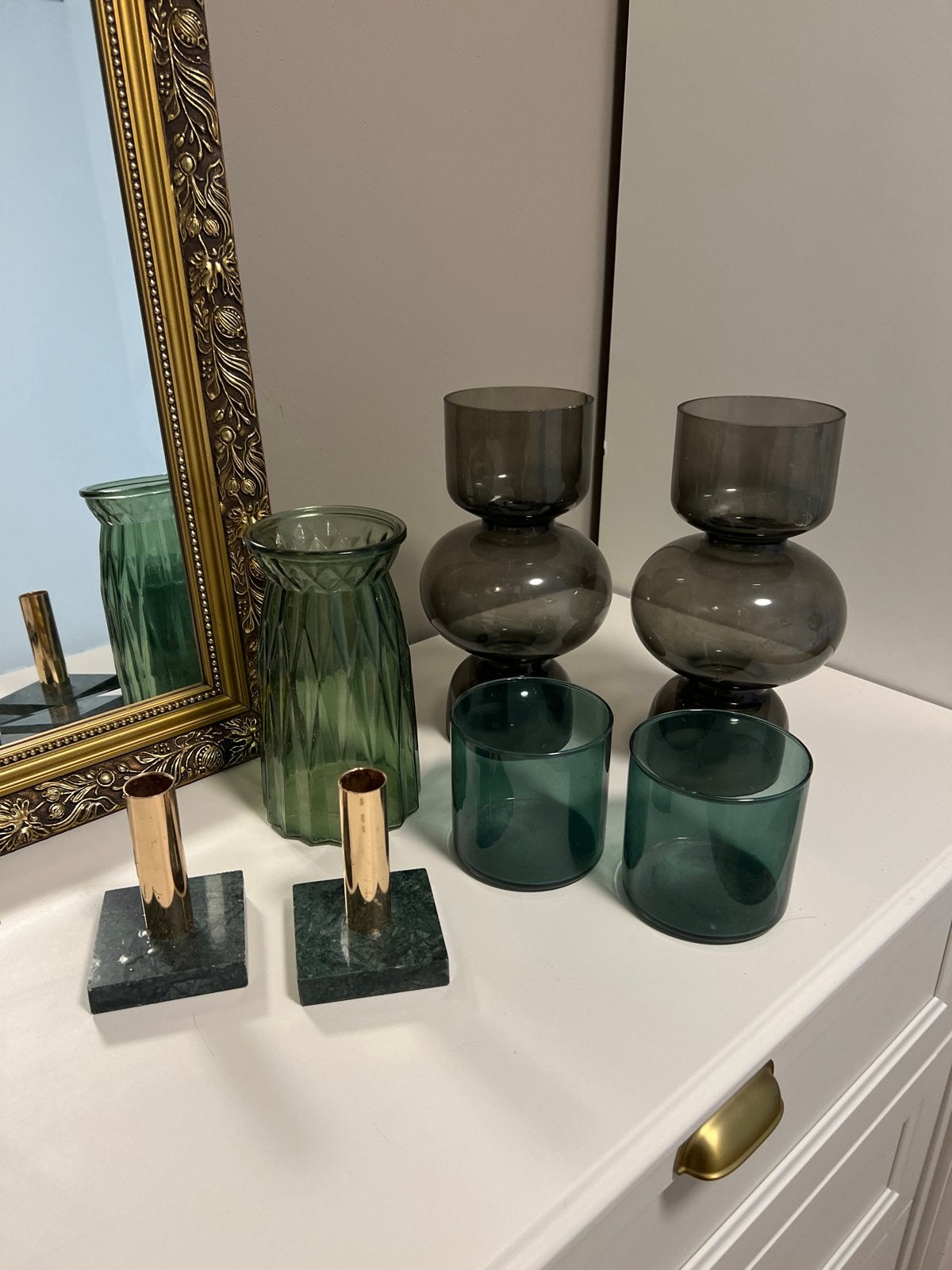 Set van 6 vazen en kandelaars - Glas en Marmer, Ophalen, Meerkleurig, Met patroon/structuur, Glas