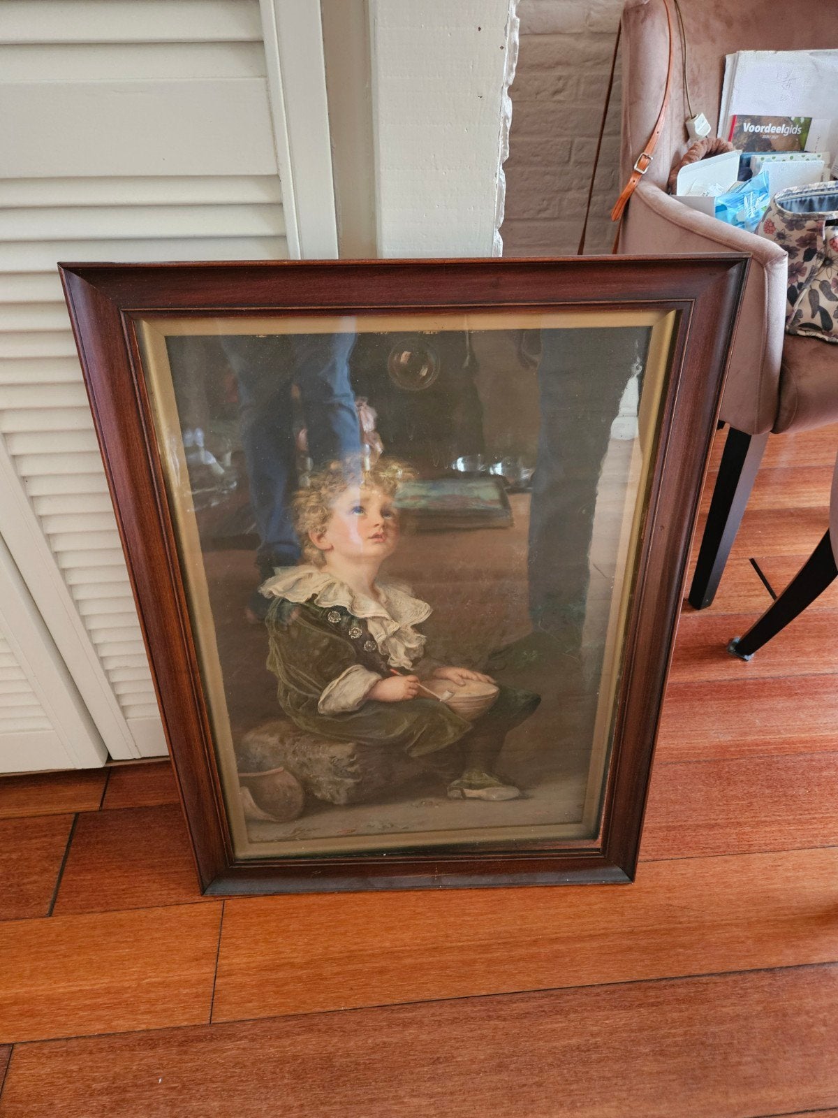 Oud schilderij: Jongen met kom, ingelijst, Ophalen