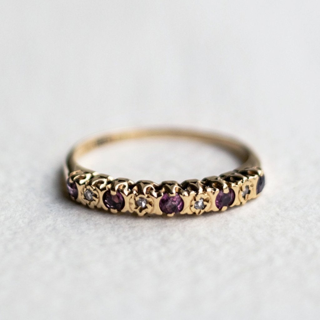 Vintage 9K gouden h. eternity ring met robijn & Diamant - 16, Ophalen of Verzenden, Met edelsteen, Dame, Goud