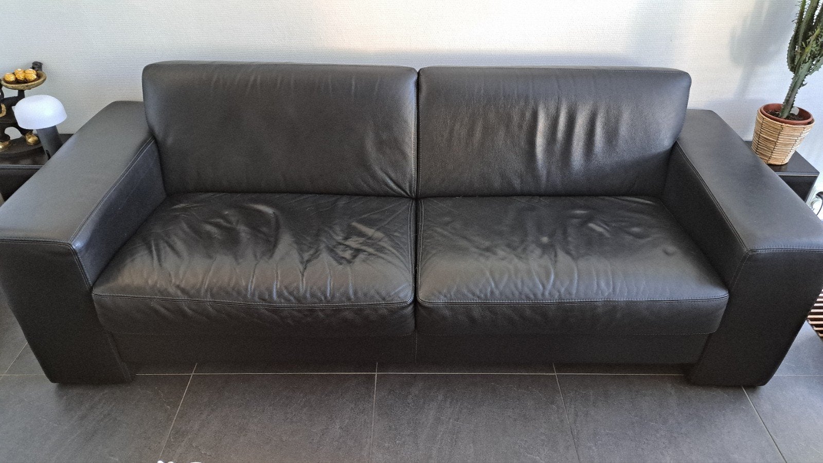 Zwarte leren bank te koop 230cm, Huis en Inrichting, Ophalen, Gebruikt, Driepersoons, Rechte bank