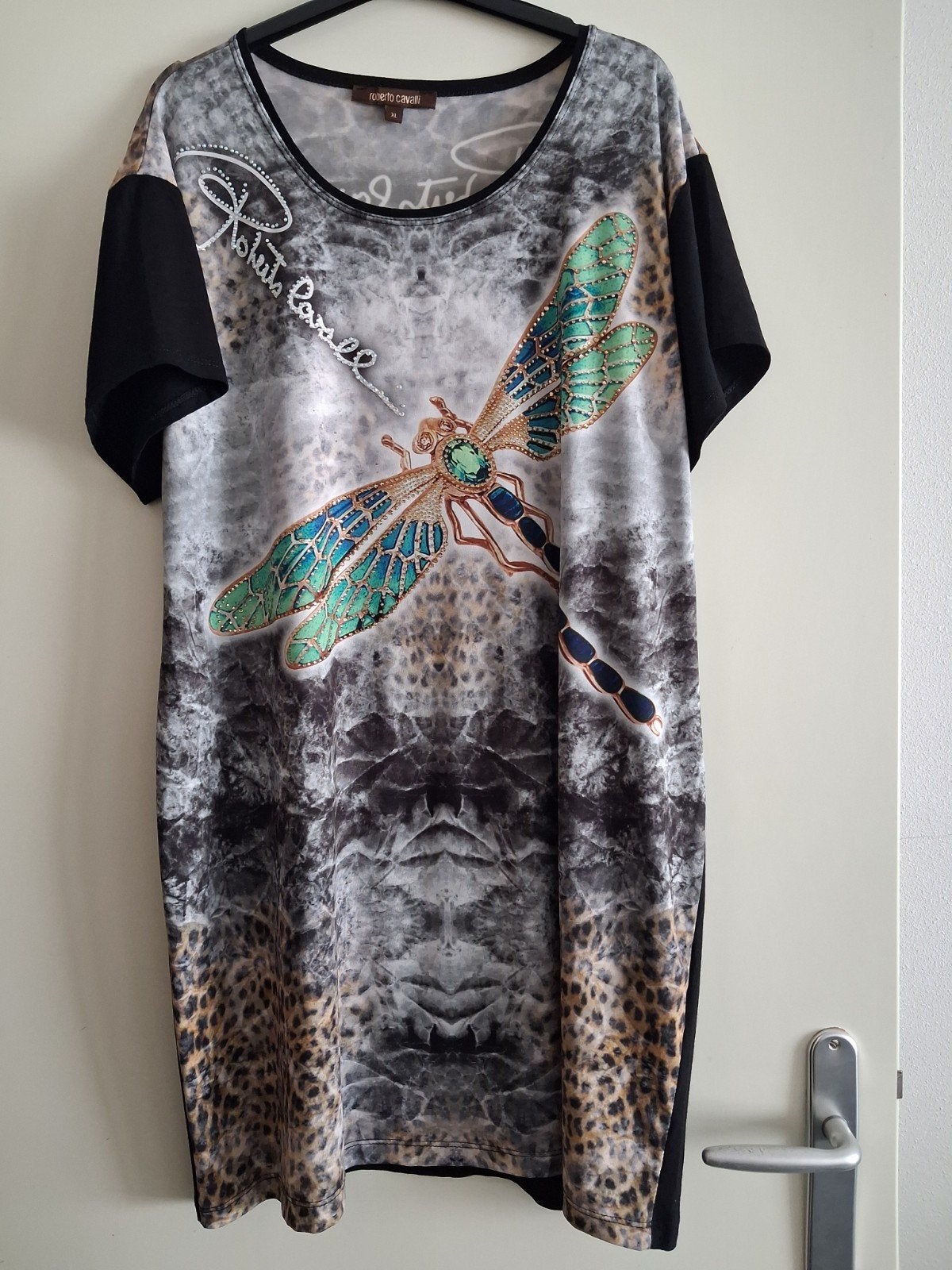 Roberto Cavalli jurk met libelle print - Maat XL, Meerkleurig, Maat 46/48 (XL) of groter, Ophalen of Verzenden, Knielengte