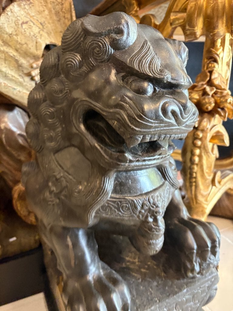 SET TEMPELLEEUWEN FOO DOGS GEHOUWEN STEEN ZELDZAAM 1900, Antiek en Kunst, Ophalen, Overige onderwerpen, 50 - 100 cm, Zwart