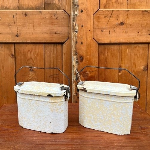 Lunchbox trommel emaille origineel 13,5 x 6,5 x 12,5 cm, Ophalen of Verzenden