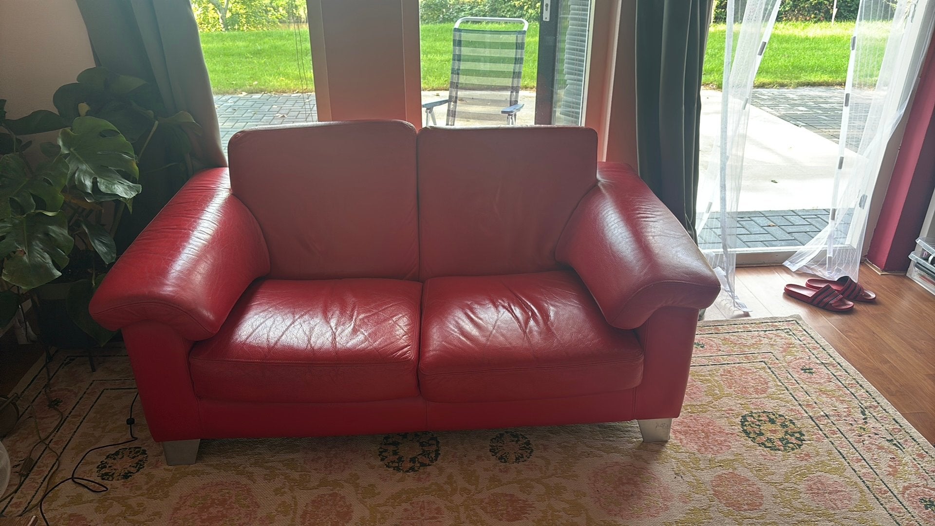 Leren rode bank, Ophalen, Gebruikt, 150 tot 200 cm, Tweepersoons