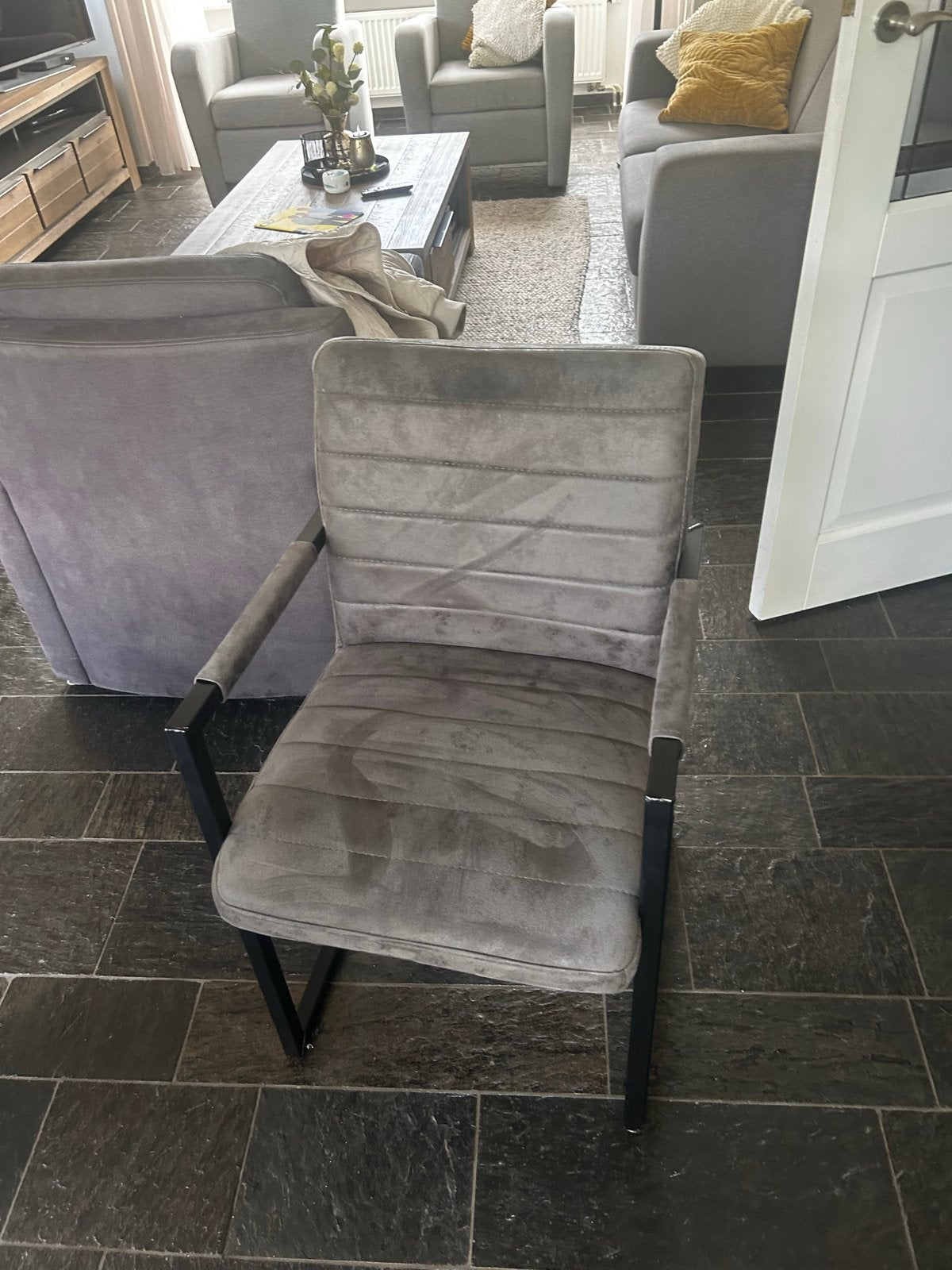 Set van 6 grijze eetkamerstoelen met armleuningen, Ophalen, Gebruikt, Drie, Metaal