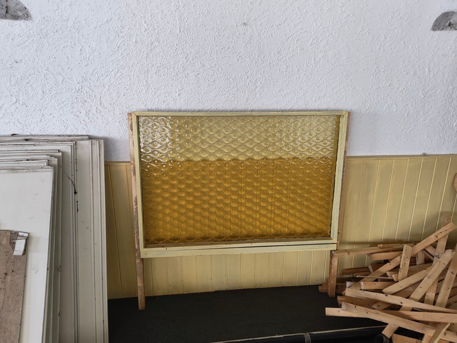 Retro gele glas ruit en bijpassende deur, Ophalen, Gevelraam of Ruit, Gebruikt, 80 tot 120 cm