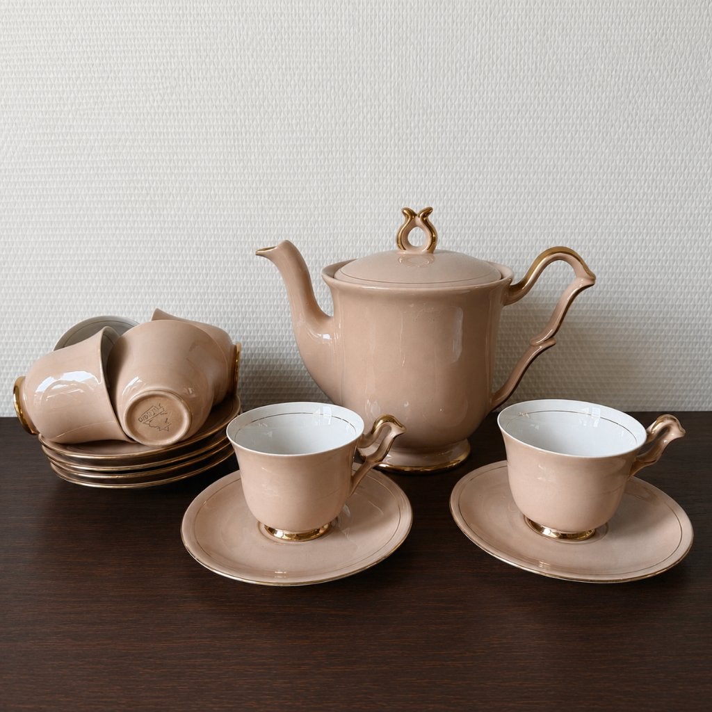 Antiek Koffieservies Driehoek Huizen, Roze Goud, Koffiepot, Antiek en Kunst, Ophalen