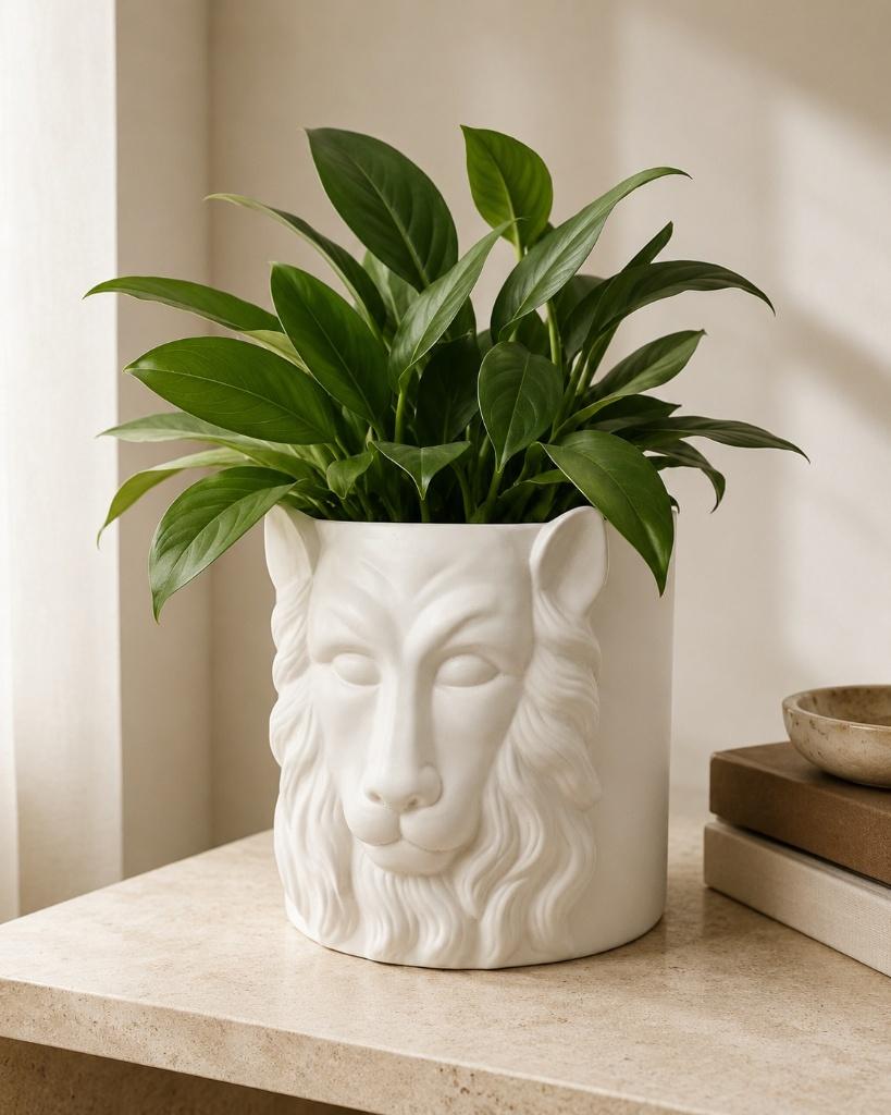 Feleo Witte Keramische Bloempot met Leeuwenkop, Verzenden, Rond, Aardewerk, Binnen
