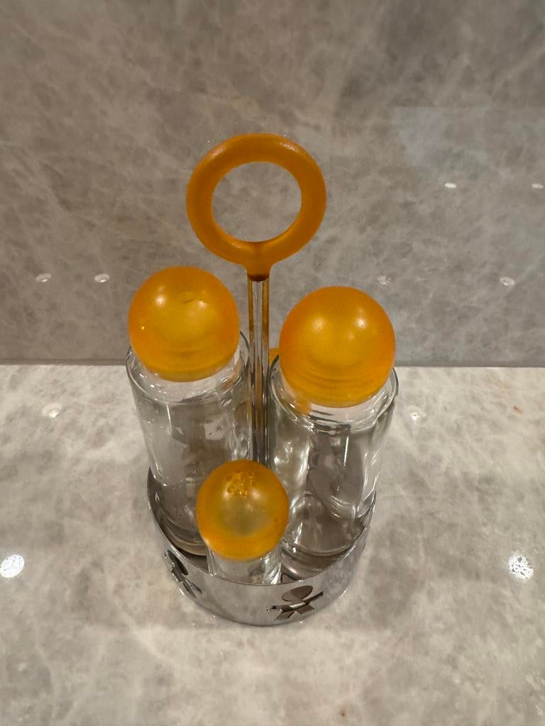 Alessi peper zout- en olie setje met houder, Huis en Inrichting, Keuken | Keukenbenodigdheden, Ophalen of Verzenden, Oranje, Overige typen