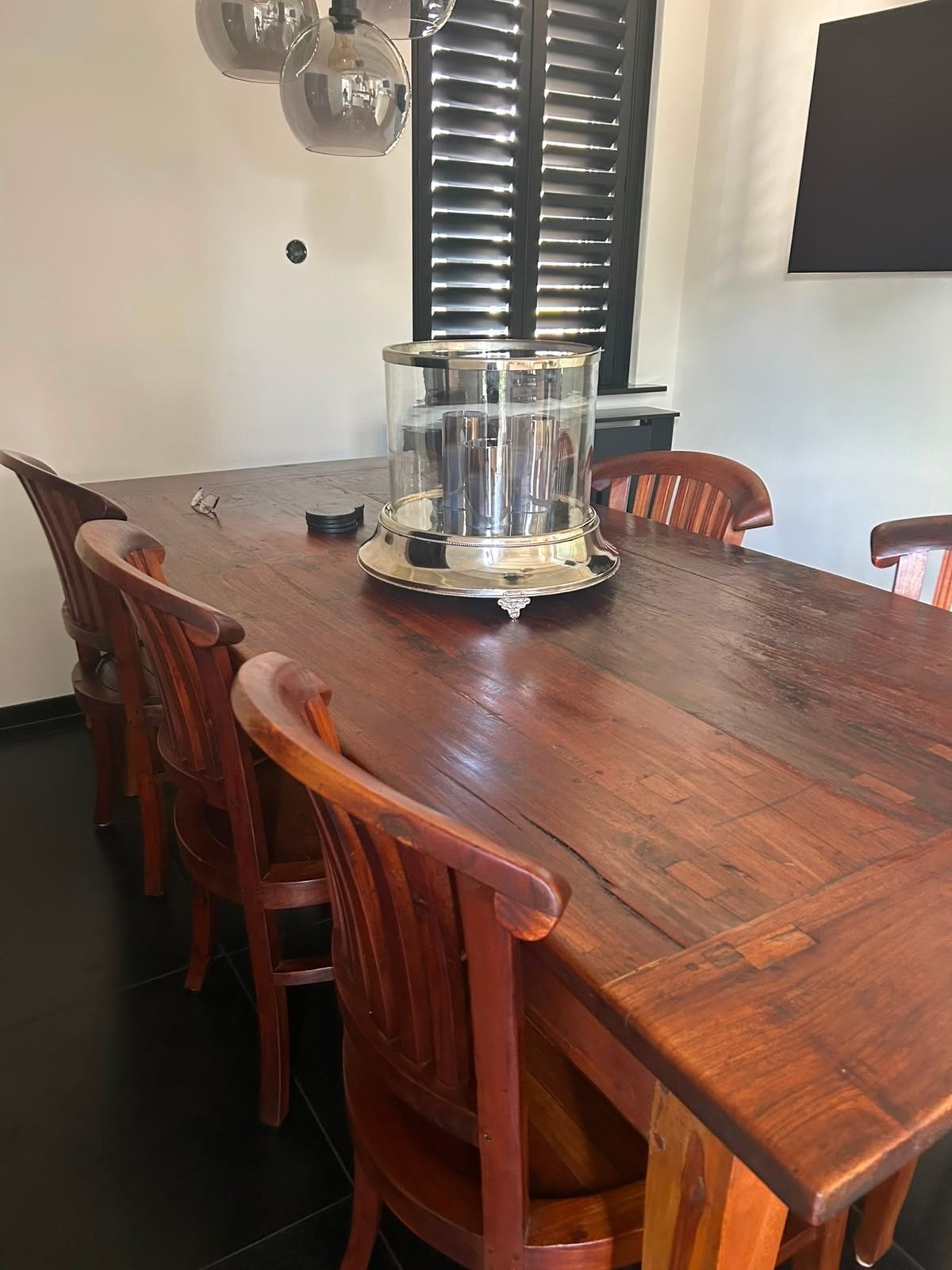 Teakhouten eettafel met 6 stoelen - Zeer nette staat, Ophalen, Teakhout, 200 cm of meer, 50 tot 100 cm