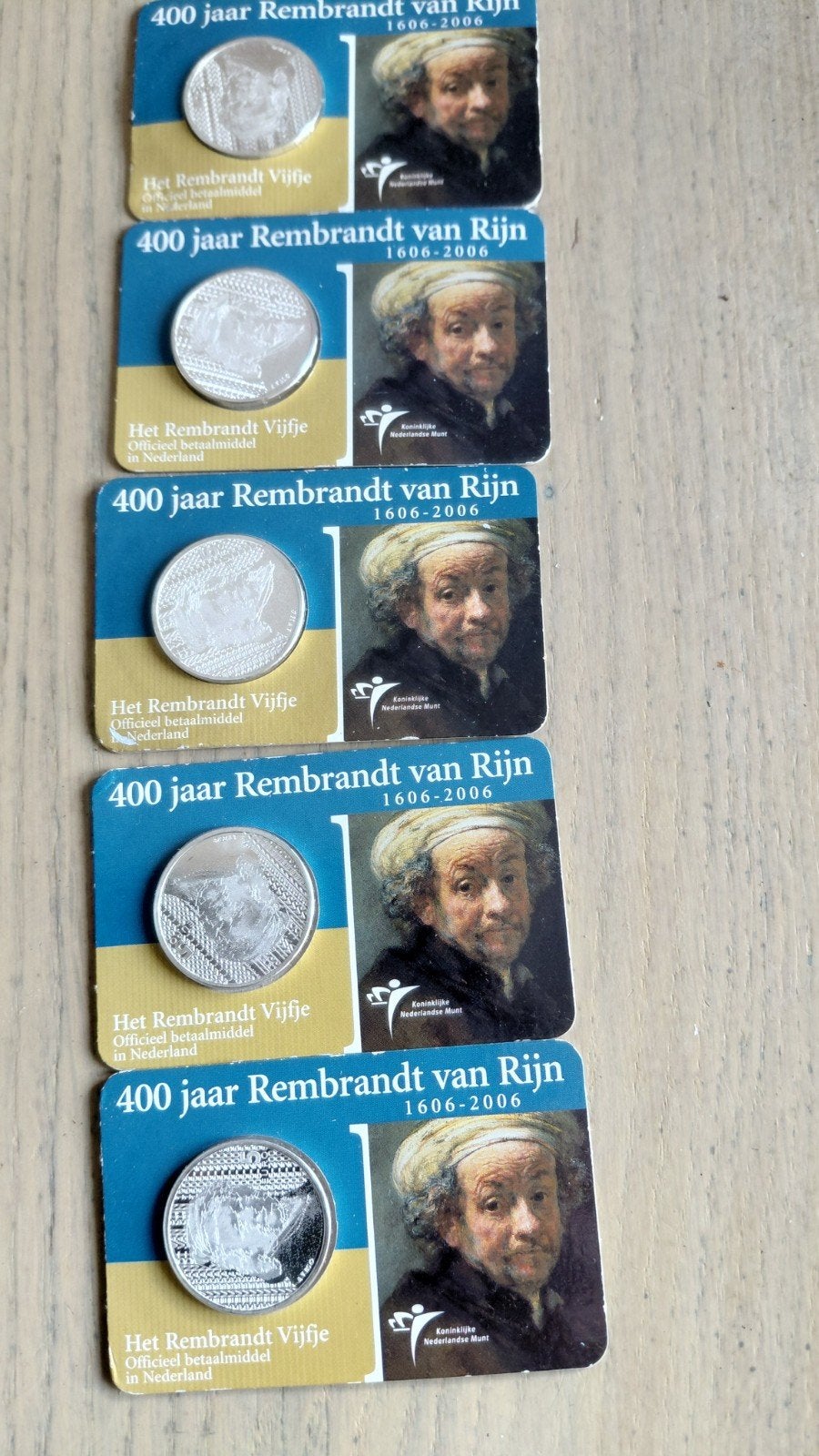 5x Zilveren Rembrandt Vijfje 2006 - 400 jaar Rembrandt, Postzegels en Munten, Munten | Nederland, Setje, Koningin Beatrix, Zilver