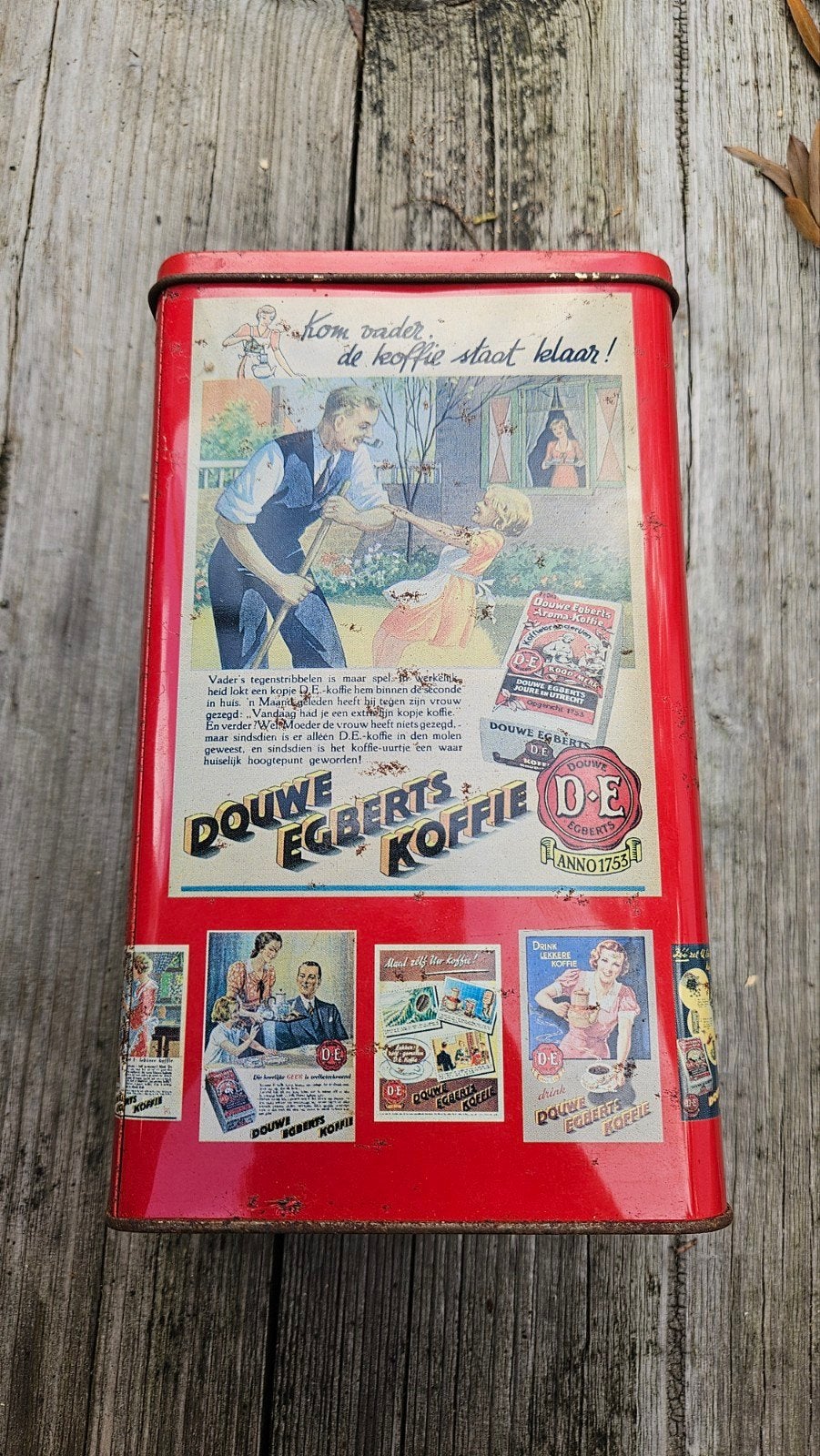 Vintage Douwe Egberts Koffieblik - Rood met reclame, Ophalen of Verzenden, Gebruikt, Koffie, Douwe Egberts