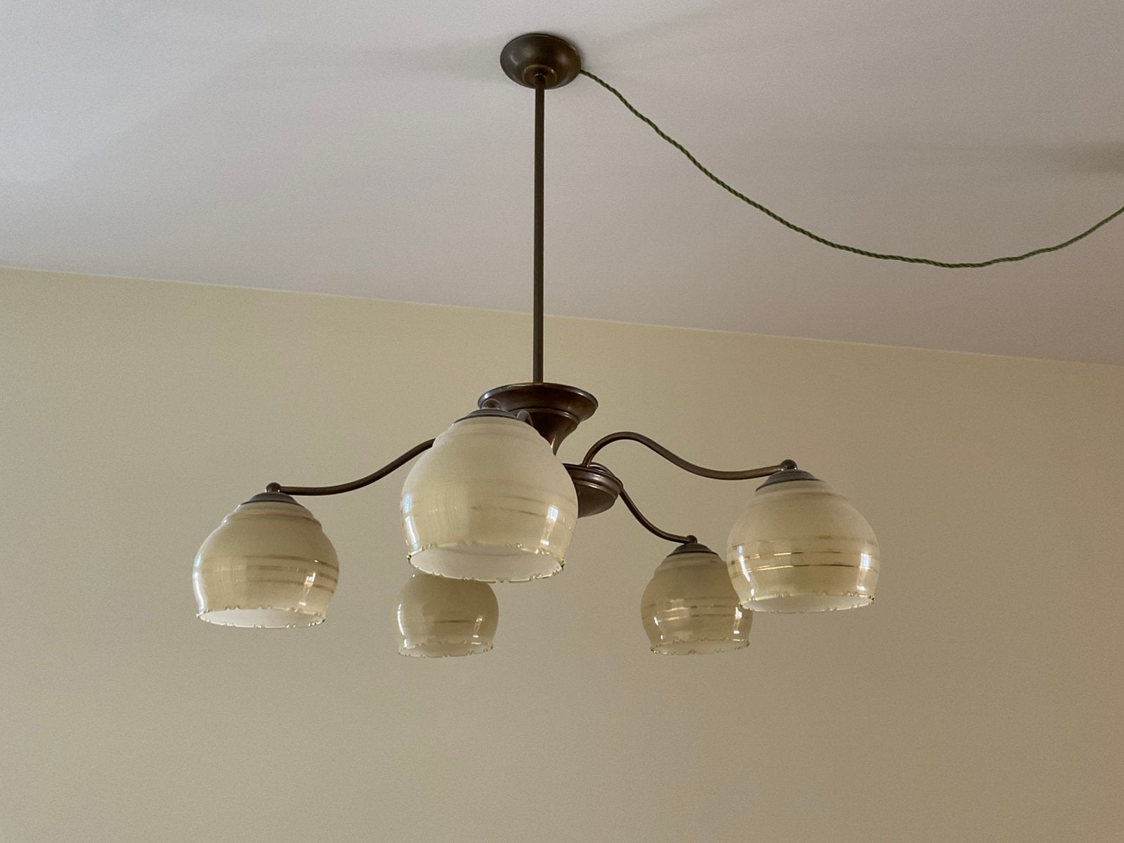 Prachtige Vintage Mid-Century Hanglamp / Kroonluchter 5armig, Ophalen, Vintage, E27 (groot), Glas