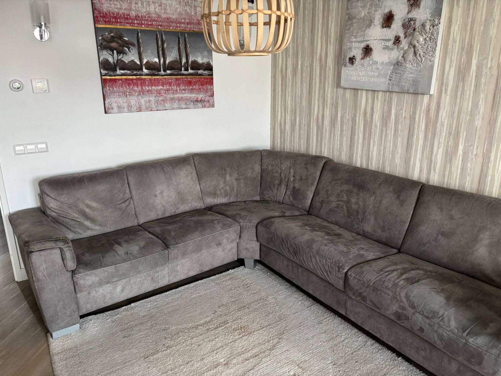 Comfortabele hoekbank met poef - Grijs stof, Ophalen, Gebruikt, Stof
