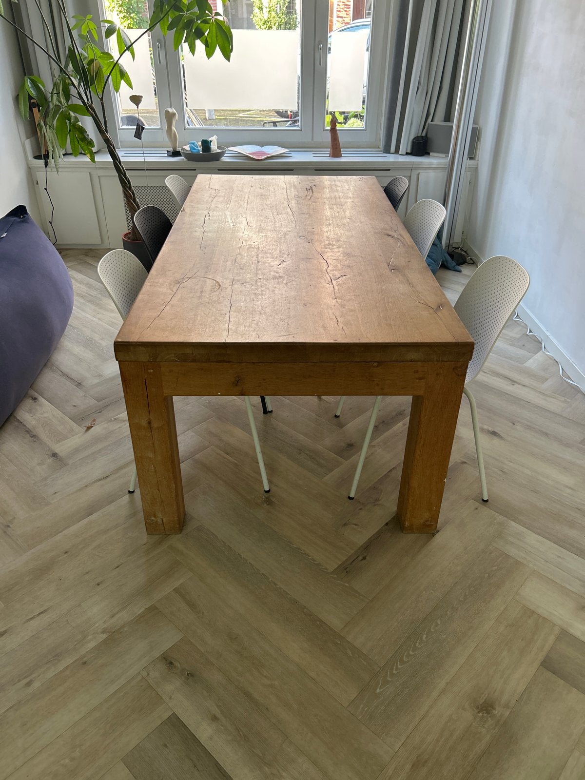 Robuuste houten eettafel met 6 stoelen, Ophalen, 100 tot 150 cm, Vijf personen of meer, 150 tot 200 cm