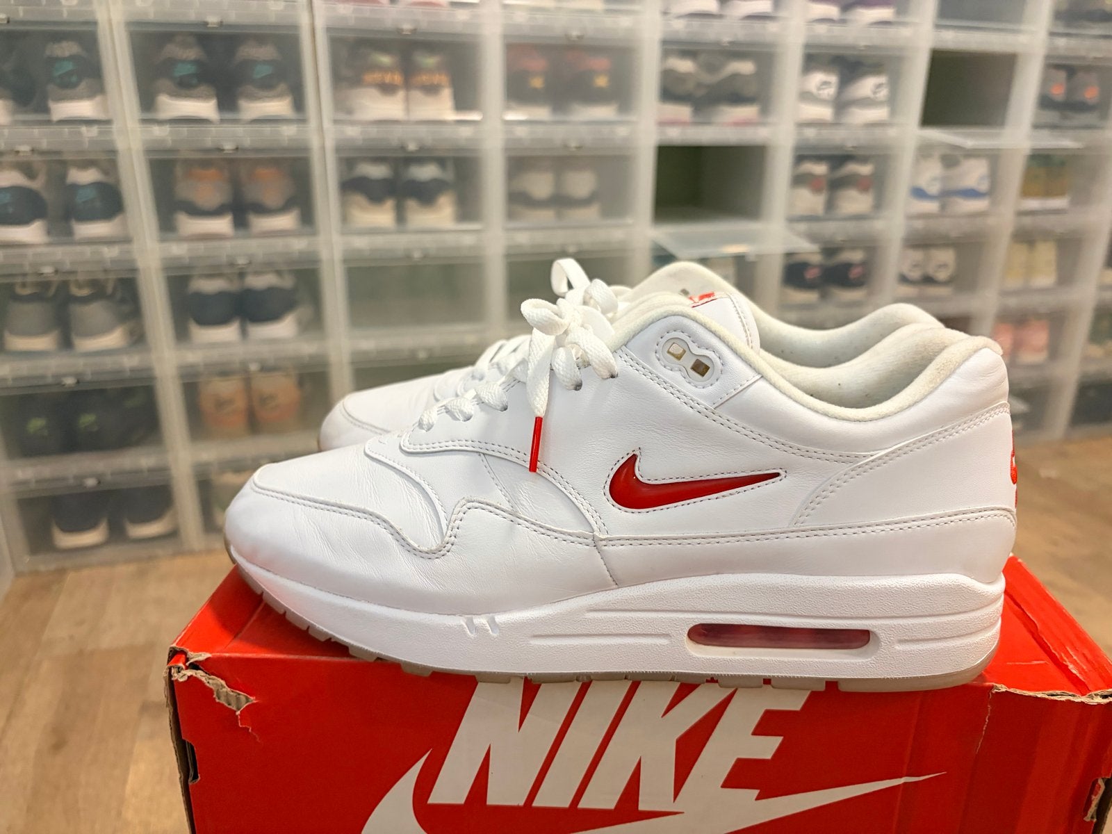 Nike Air Max 1 jewell rare ruby Maat 46, Ophalen of Verzenden, Gedragen, Wit, Sneakers of Gympen