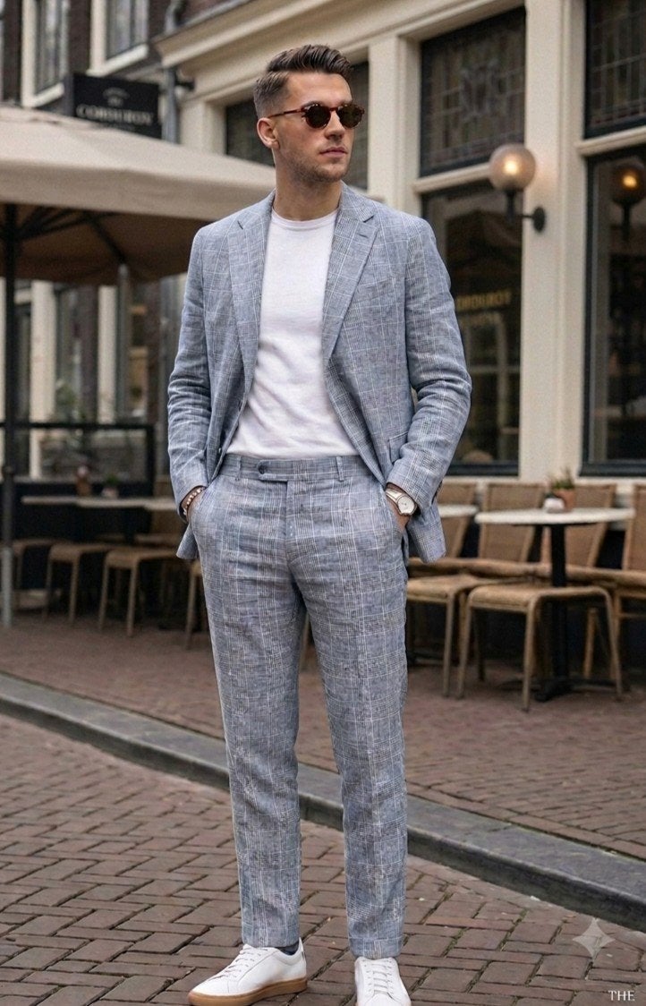 Reiss Blauwgrijs Geruit Pak - Katoen-Linnen - Maat 46, Blauw, Ophalen of Verzenden, Zo goed als nieuw, Reiss