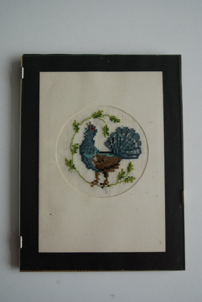 Brocante geborduurde vogel Auerhahn uit de Alpen in lijst, Verzenden