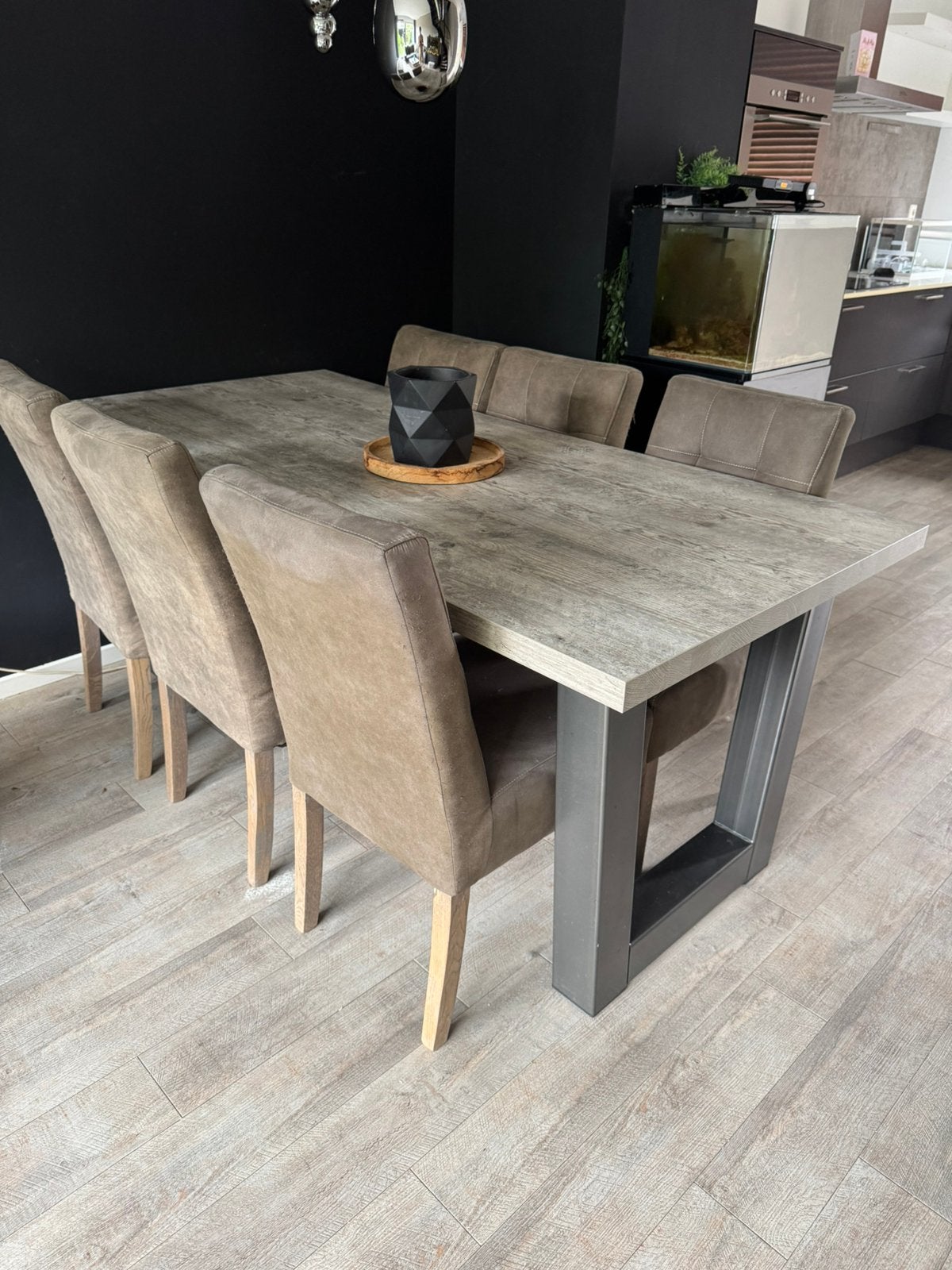 Haco Eettafel grijs eiken met 6 stoelen stof Gebruikt!, Ophalen, 50 tot 100 cm, Zo goed als nieuw, Vijf personen of meer