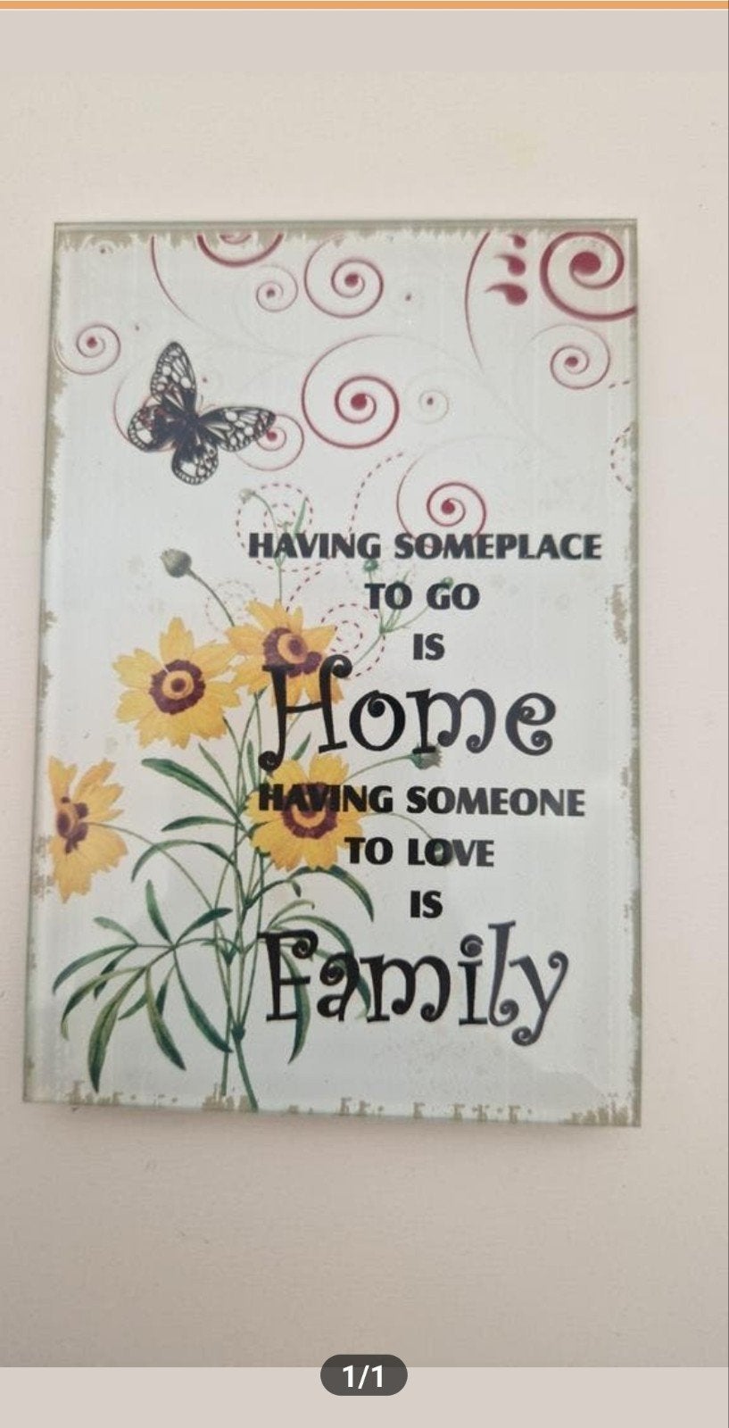 Glazen lijstje met tekst 'Home & Family' en standaard, Ophalen