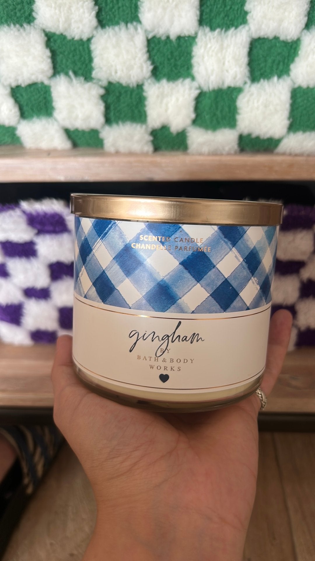 Bath & body works 3 wick gingham geurkaars blauw nieuw, Verzenden