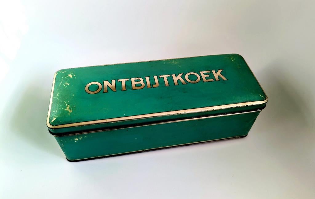 Ontbijtkoek blik groen met gouden biezen, Verzamelen, Blikken, Ophalen of Verzenden, Gebruikt, Overige