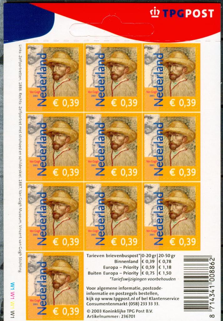Ned. NVPH V2139a Vincent van Gogh 2003, Postzegels en Munten, Ophalen of Verzenden, Na 1940, Postfris