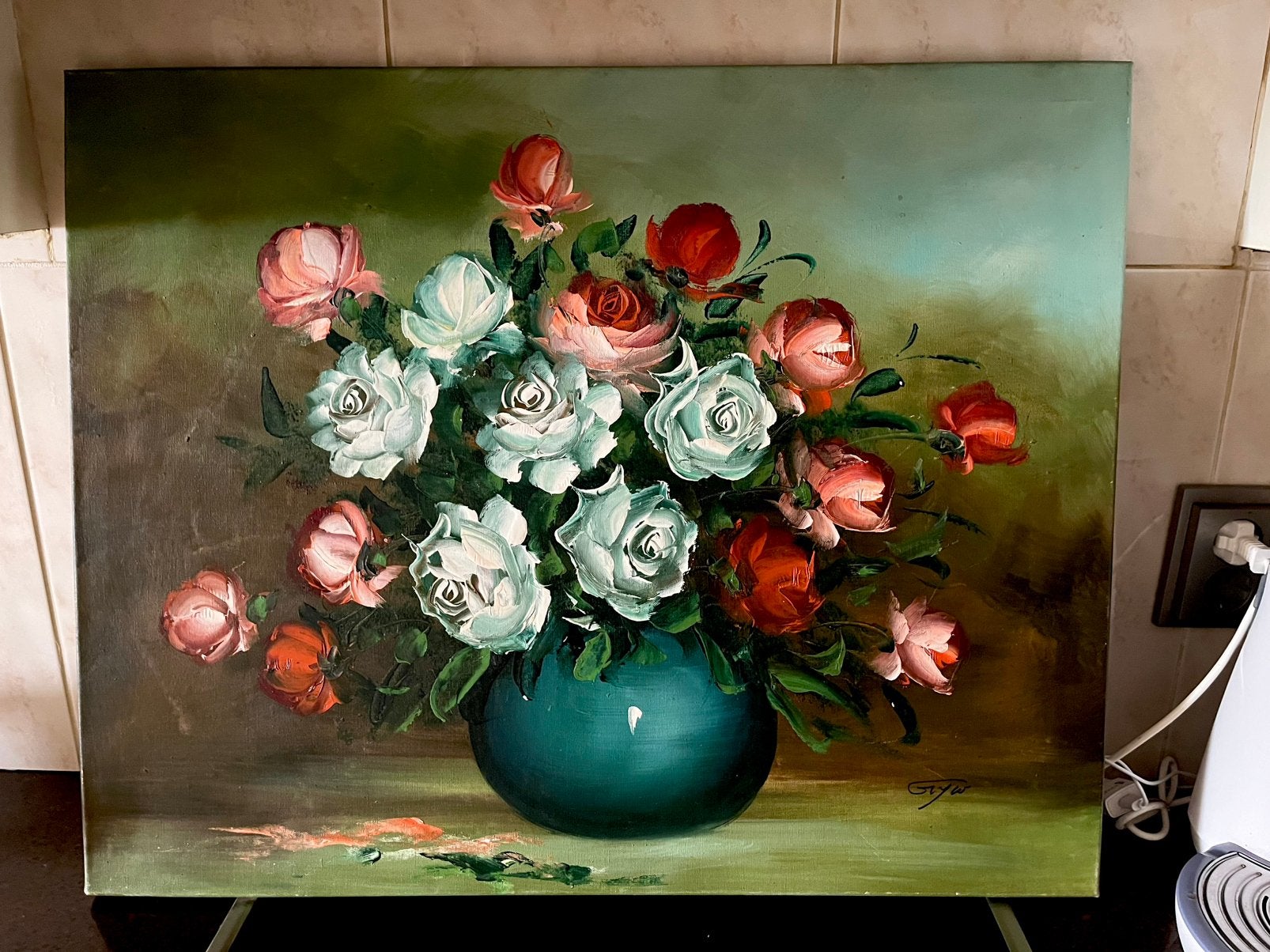 Groot olieverf oud bloemen schilderij, Ophalen
