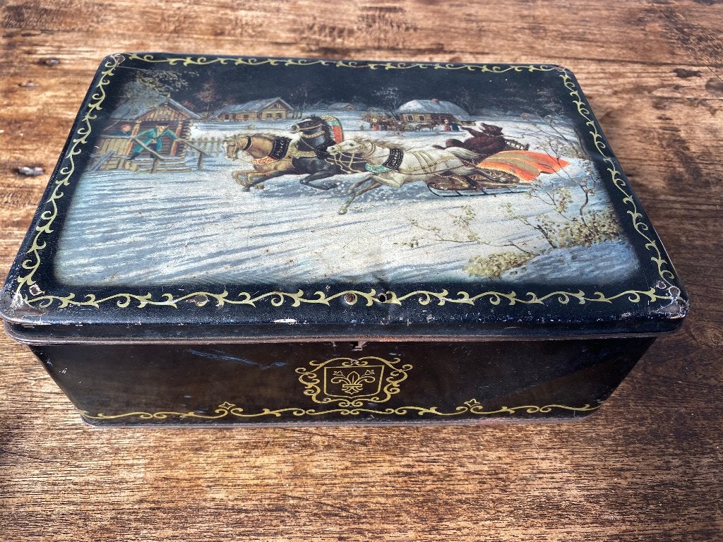 Brocante, antiek blik Van Melle - wintertafereel - 50/65, Antiek en Kunst, Ophalen of Verzenden