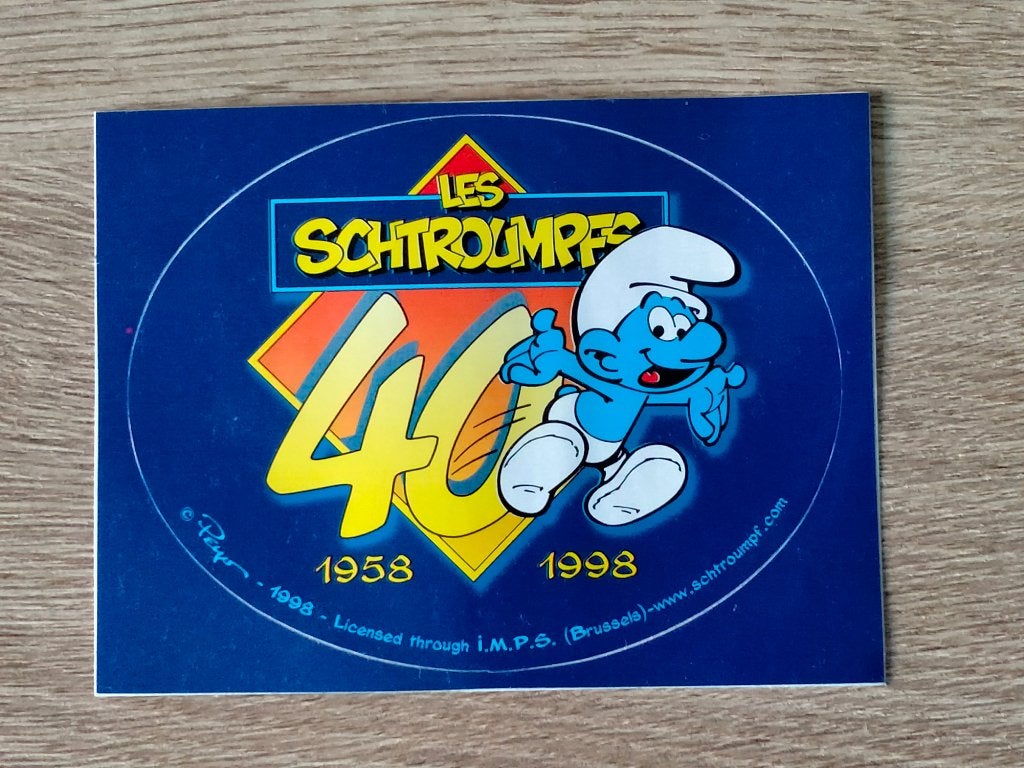 Smurfen 40 jaar vintage Peyo logo sticker tekenfilm strip, Verzenden, Zo goed als nieuw, Overige typen