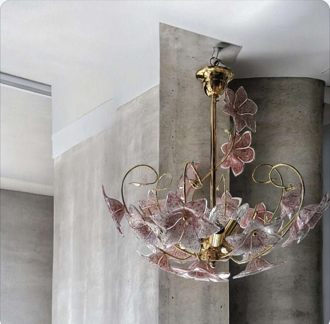 Murano Luster met glazen bloemen, Gebruikt, Glas, Onbekend, Ophalen