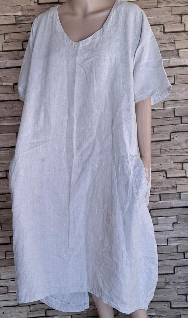 Zandbeige Linnen jurk, licht Ballonmodel, maat 48, Verzenden, X, Jurk, Beige