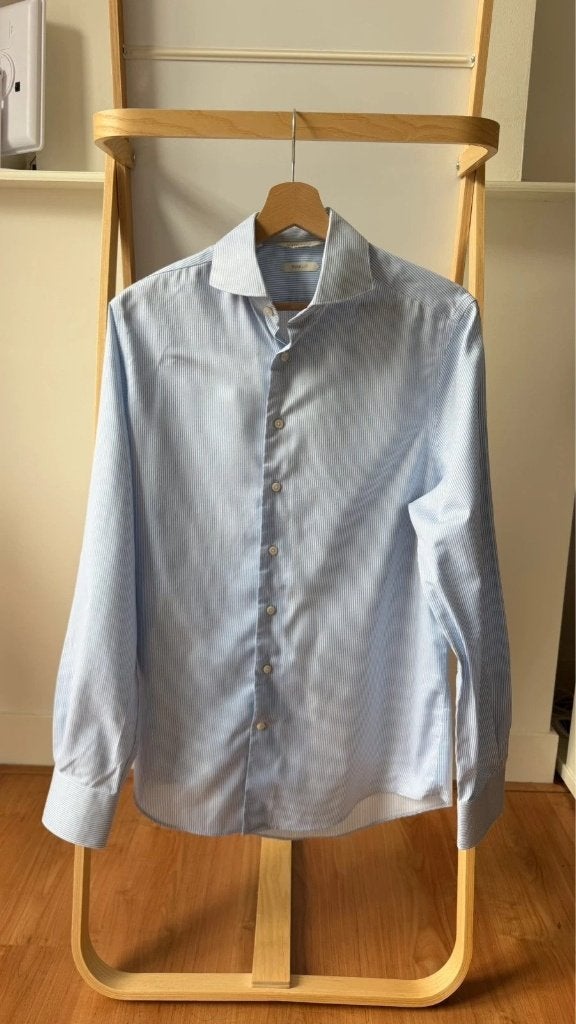 Suitsupply Traveller Gestreept Katoenen Overhemd Wit Blauw, Verzenden, Wit, Halswijdte 39/40 (M), Zo goed als nieuw