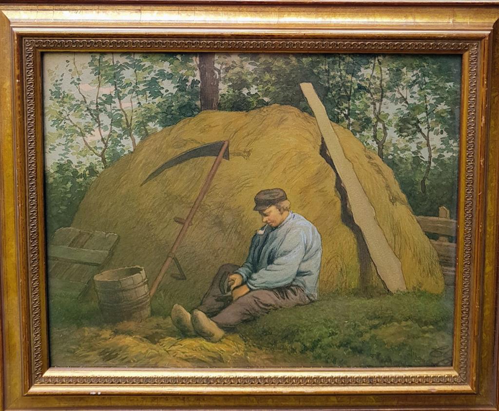 Antieke Aquarel van een Boer rustend bij hooiberg, Ophalen of Verzenden