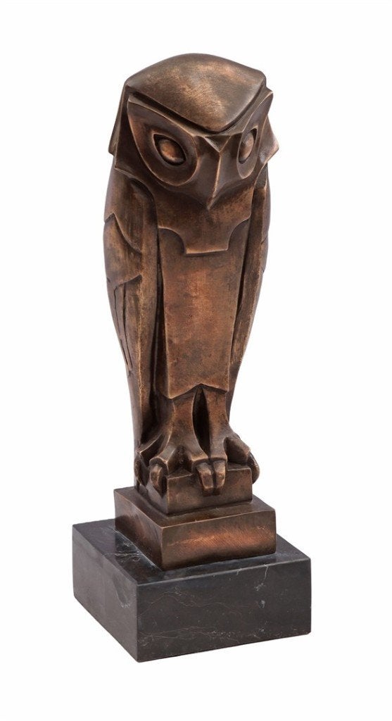 Art Deco Bronzen Beeld van een Uil op marmeren sokkel 36 cm., Art deco, Ophalen of Verzenden, 20 - 50 cm, Beeld
