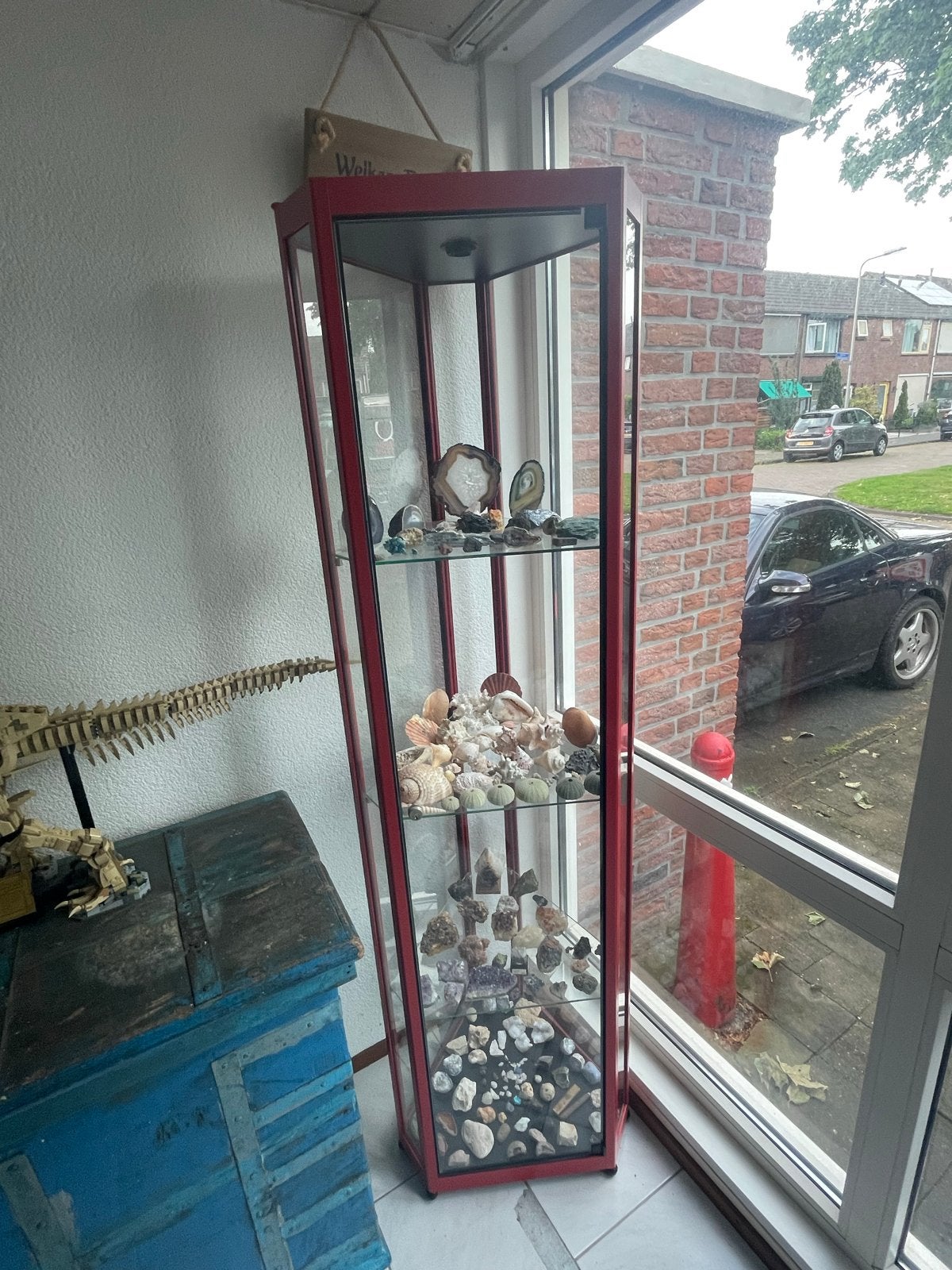 Glazen vitrinekast met rode metalen frame, Ophalen, 50 tot 100 cm, 150 tot 200 cm, 25 tot 50 cm