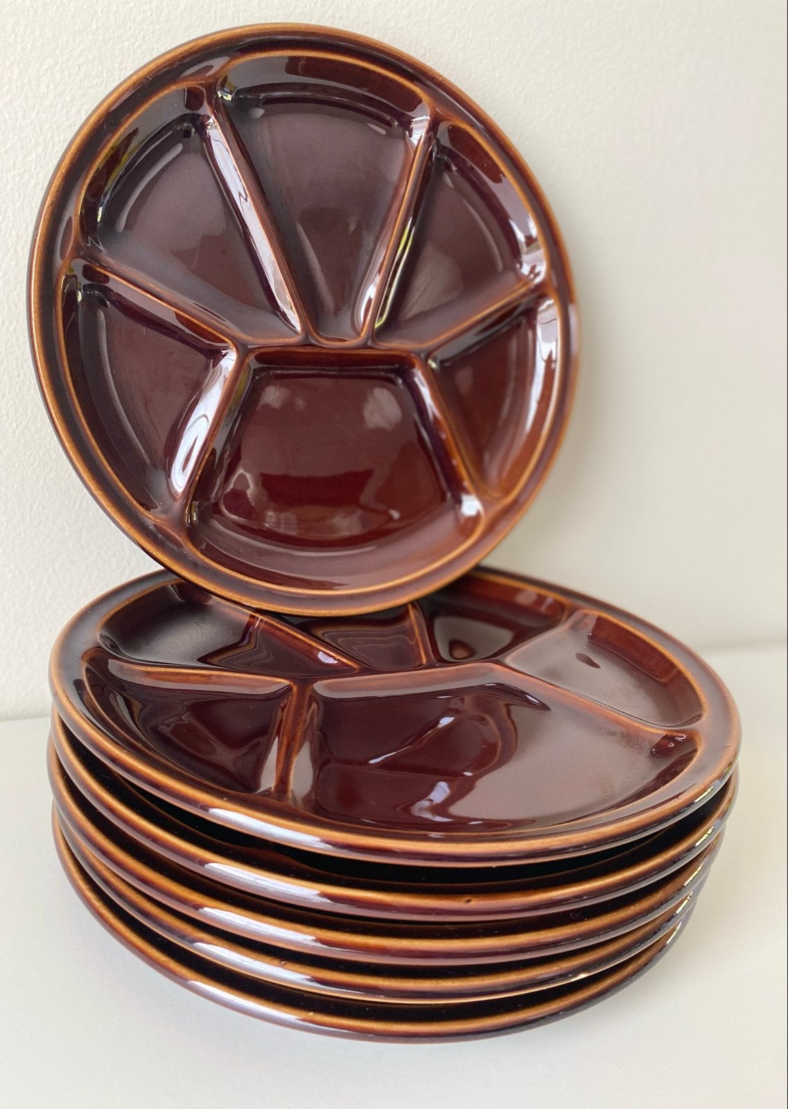 Set van 6 vintage keramische tapasborden bordeaux bruin, Antiek en Kunst, Ophalen of Verzenden