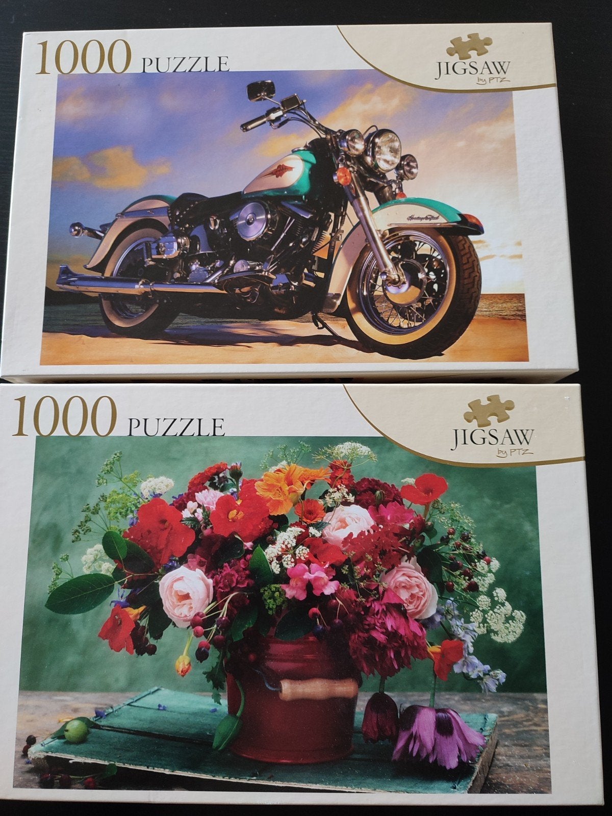 2x Jigsaw Puzzel 1000 stukjes - Motor & Bloemen, Ophalen of Verzenden, 500 t/m 1500 stukjes, Zo goed als nieuw, Legpuzzel