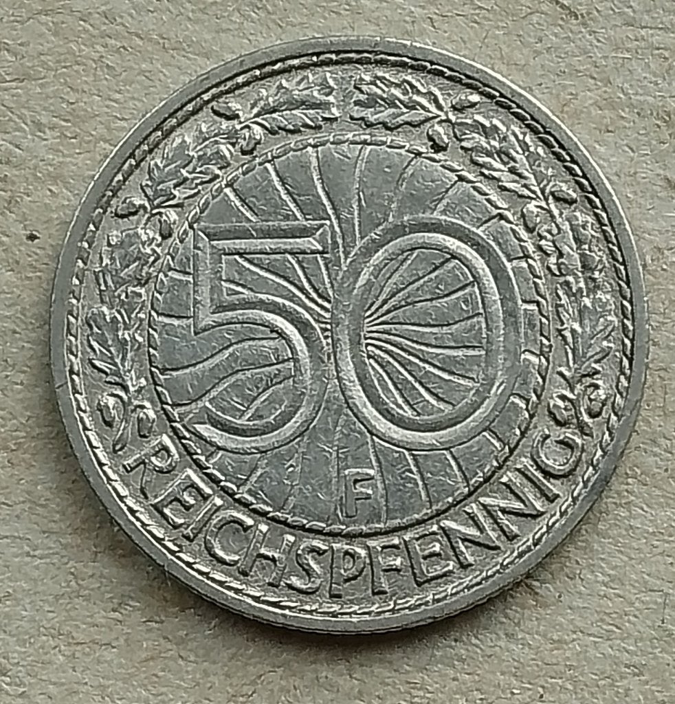 Duitsland, 50 reichspfennig 1928 F, Ophalen of Verzenden, Duitsland, Losse munt