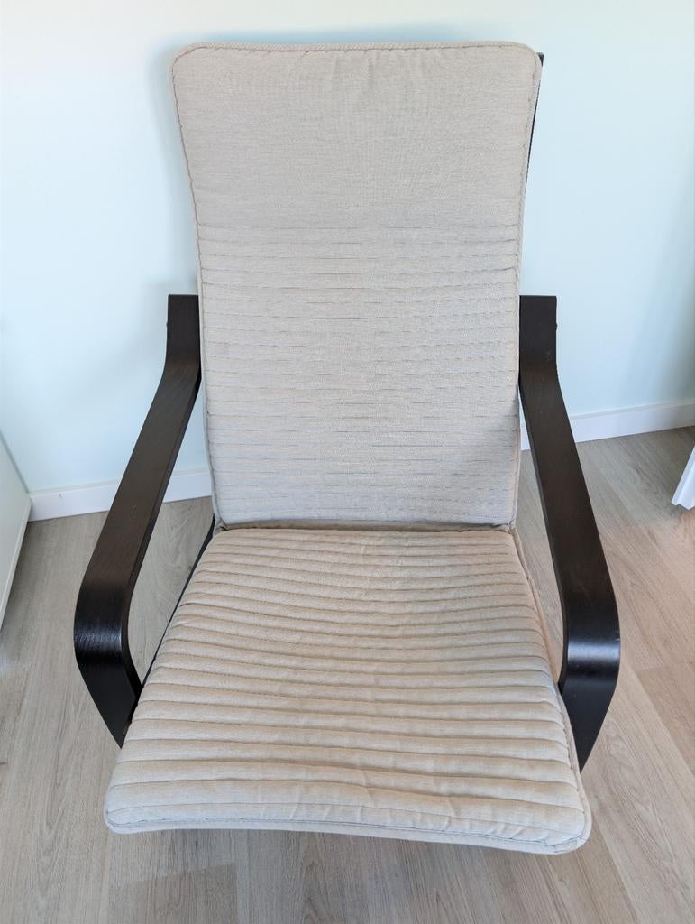 Ikea stoel POÄNG fauteuil zwartbruin/Knisa lichtbeige, Ophalen, Eenpersoons, Grijs, Zo goed als nieuw