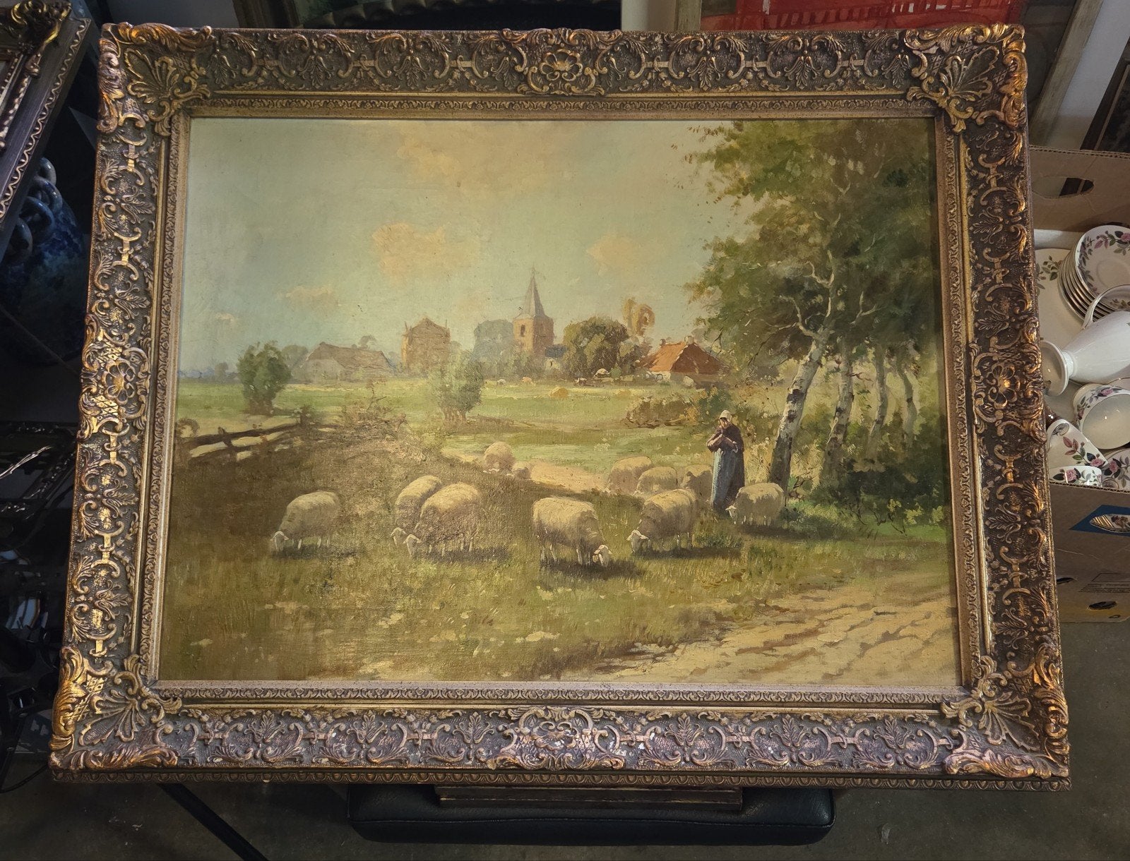 Olieverfschilderij schaapherderin en kudde schapen