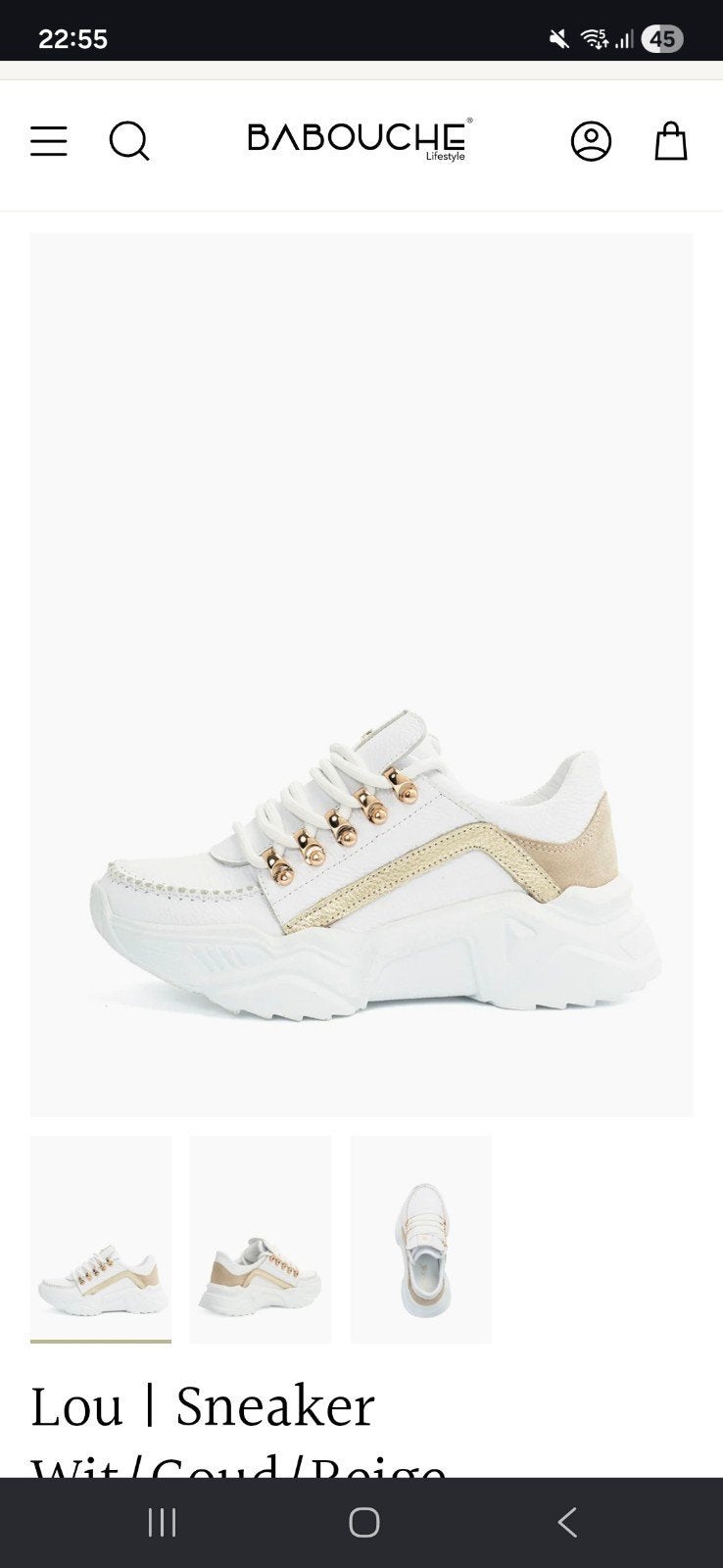 Babouche Lou Sneaker Wit/Goud/Beige - Metallic Leder, Kleding | Dames, Schoenen, Ophalen of Verzenden, Zo goed als nieuw, Wit