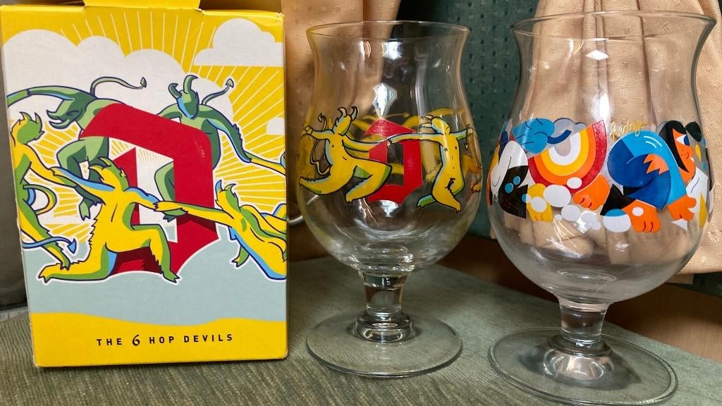 5 Duvel bierglas Hedof Hop Devils Art Passion Prijs pstk!, Verzenden, Zo goed als nieuw, Glas of Glazen, Duvel